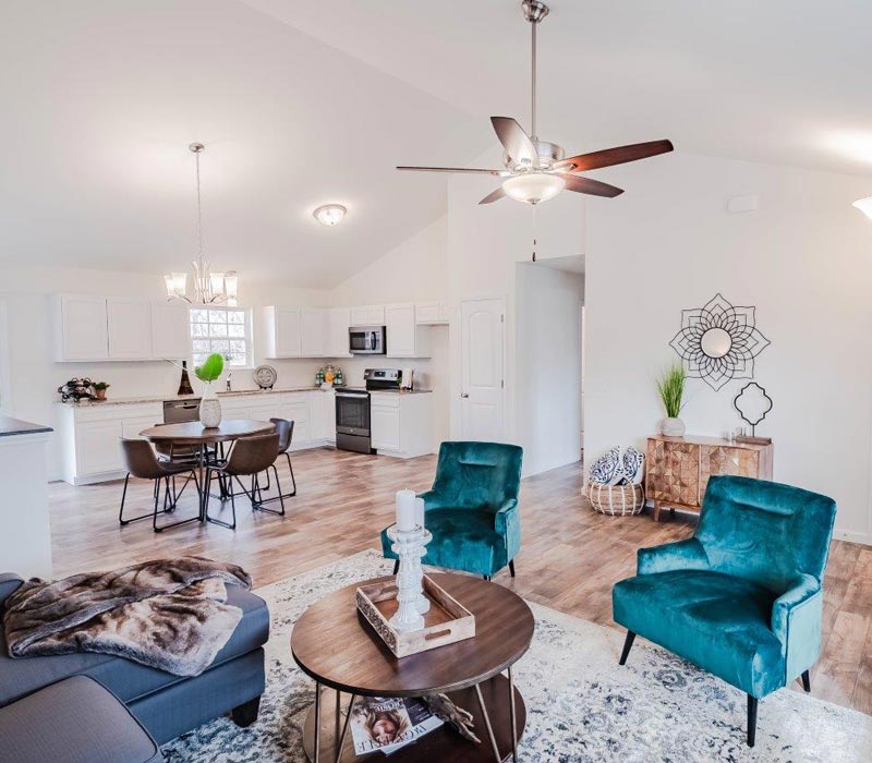 open concept living and kitchen area
